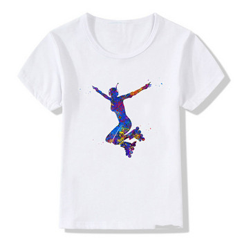 Акварел, пързаляне с кънки на лед, печатен дизайн, детска тениска, сладка лятна горнишка, дрехи за момичета, бяла тениска „Направи си сам“ по поръчка, детски тениски