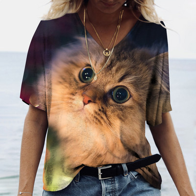 Tricou pentru femei la modă 2022, pisică Kawaii, imprimeu 3D, cu decolteu în V, ocazional, cămașă cu mânecă scurtă, îmbrăcăminte pentru fete, îmbrăcăminte de stradă, supradimensionată.