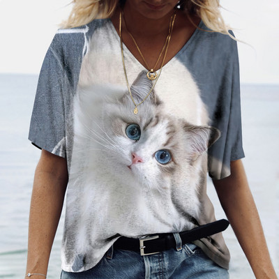 Tricou pentru femei la modă 2022, pisică Kawaii, imprimeu 3D, cu decolteu în V, ocazional, cămașă cu mânecă scurtă, îmbrăcăminte pentru fete, îmbrăcăminte de stradă, supradimensionată.