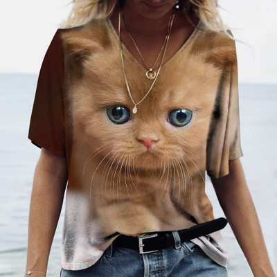 Tricou pentru femei la modă 2022, pisică Kawaii, imprimeu 3D, cu decolteu în V, ocazional, cămașă cu mânecă scurtă, îmbrăcăminte pentru fete, îmbrăcăminte de stradă, supradimensionată.