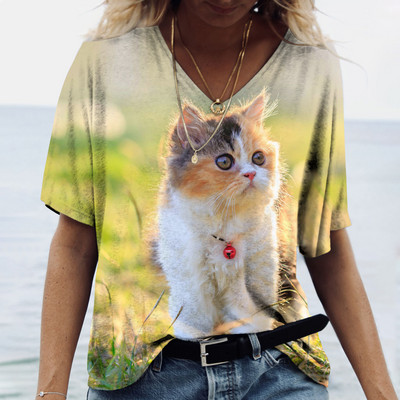 Tricou pentru femei la modă 2022, pisică Kawaii, imprimeu 3D, cu decolteu în V, ocazional, cămașă cu mânecă scurtă, îmbrăcăminte pentru fete, îmbrăcăminte de stradă, supradimensionată.