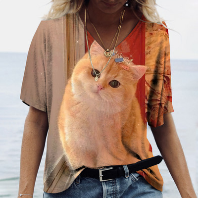 Tricou pentru femei la modă 2022, pisică Kawaii, imprimeu 3D, cu decolteu în V, ocazional, cămașă cu mânecă scurtă, îmbrăcăminte pentru fete, îmbrăcăminte de stradă, supradimensionată.