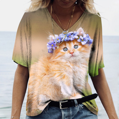Tricou pentru femei la modă 2022, pisică Kawaii, imprimeu 3D, cu decolteu în V, ocazional, cămașă cu mânecă scurtă, îmbrăcăminte pentru fete, îmbrăcăminte de stradă, supradimensionată.