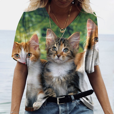 Tricou pentru femei la modă 2022, pisică Kawaii, imprimeu 3D, cu decolteu în V, ocazional, cămașă cu mânecă scurtă, îmbrăcăminte pentru fete, îmbrăcăminte de stradă, supradimensionată.