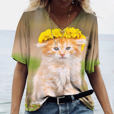 Tricou pentru femei la modă 2022, pisică Kawaii, imprimeu 3D, cu decolteu în V, ocazional, cămașă cu mânecă scurtă, îmbrăcăminte pentru fete, îmbrăcăminte de stradă, supradimensionată.