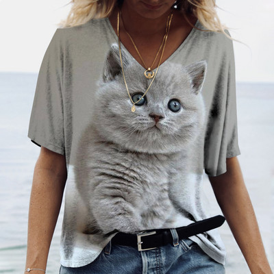 Tricou pentru femei la modă 2022, pisică Kawaii, imprimeu 3D, cu decolteu în V, ocazional, cămașă cu mânecă scurtă, îmbrăcăminte pentru fete, îmbrăcăminte de stradă, supradimensionată.
