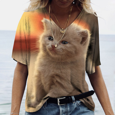 Tricou pentru femei la modă 2022, pisică Kawaii, imprimeu 3D, cu decolteu în V, ocazional, cămașă cu mânecă scurtă, îmbrăcăminte pentru fete, îmbrăcăminte de stradă, supradimensionată.