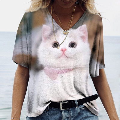 Tricou pentru femei la modă 2022, pisică Kawaii, imprimeu 3D, cu decolteu în V, ocazional, cămașă cu mânecă scurtă, îmbrăcăminte pentru fete, îmbrăcăminte de stradă, supradimensionată.