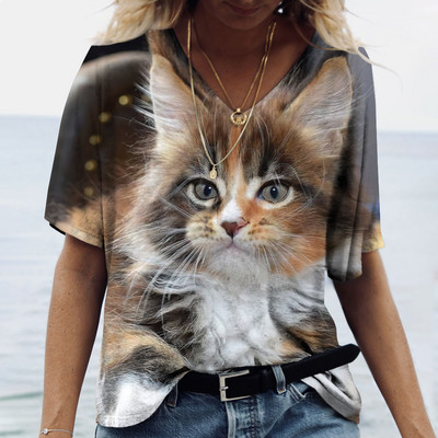 Tricou pentru femei la modă 2022, pisică Kawaii, imprimeu 3D, cu decolteu în V, ocazional, cămașă cu mânecă scurtă, îmbrăcăminte pentru fete, îmbrăcăminte de stradă, supradimensionată.