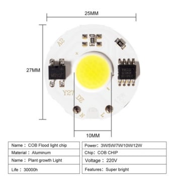 RnnTuu LED чип No Need Driver COB AC 220V 3W 5W 7W 10W 12W Висока яркост Енергоспестяваща Направи си сам прожектор Чип за крушка за прожектори