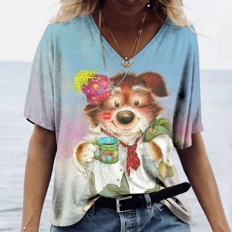 Tricouri de damă cu decolteu în V cu mânecă scurtă de vară Nou 3D drăguț câine imprimeu Casual minunat Harajuku Versatil Haine Y2K Mărime europeană