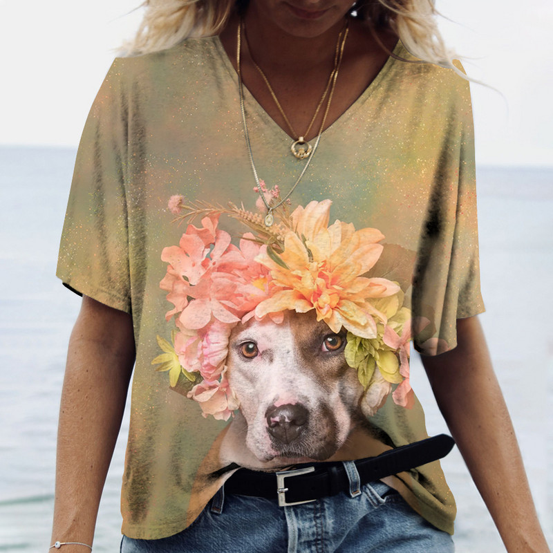 Tricouri de damă cu decolteu în V cu mânecă scurtă de vară Nou 3D drăguț câine imprimeu Casual minunat Harajuku Versatil Haine Y2K Mărime europeană