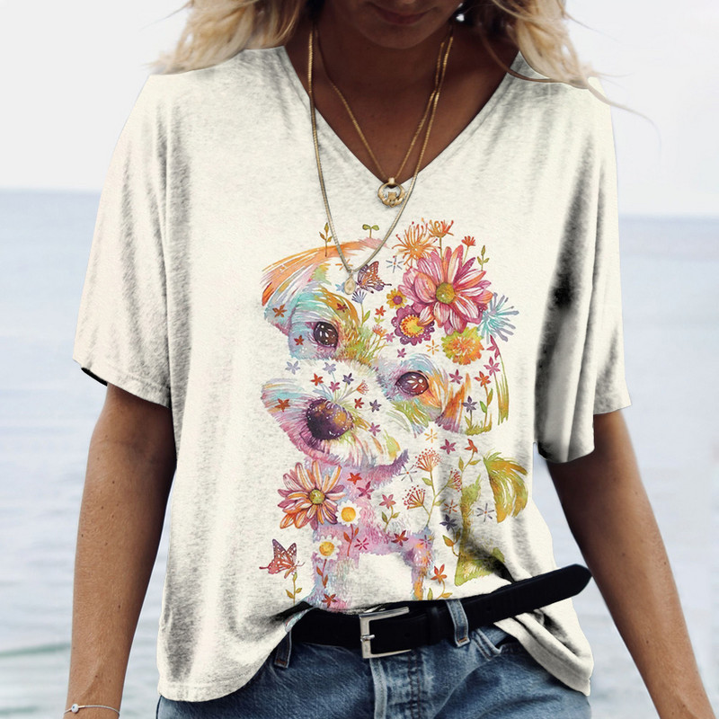 Tricouri de damă cu decolteu în V cu mânecă scurtă de vară Nou 3D drăguț câine imprimeu Casual minunat Harajuku Versatil Haine Y2K Mărime europeană