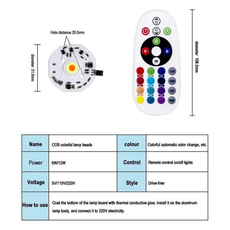 RGB LED COB mikroschema didelės galios LED diodų prožektorių prožektorių šviesos šaltinis Smart IC nuotolinio valdymo pulto spalvos 220V5V saulėlydžio lempai