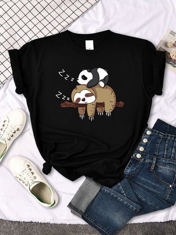 Panda Liing On A Sloth Printed Woman T-shirt με στρογγυλή λαιμόκοψη Νέα μπλουζάκια ταιριαστά μπλουζάκια oversized κοντομάνικα γυναικεία μπλουζάκια