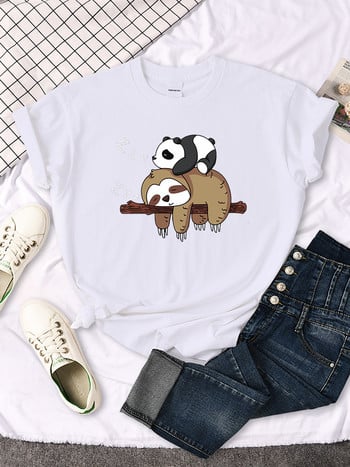 Panda Liing On A Sloth Printed Woman T-shirt με στρογγυλή λαιμόκοψη Νέα μπλουζάκια ταιριαστά μπλουζάκια oversized κοντομάνικα γυναικεία μπλουζάκια