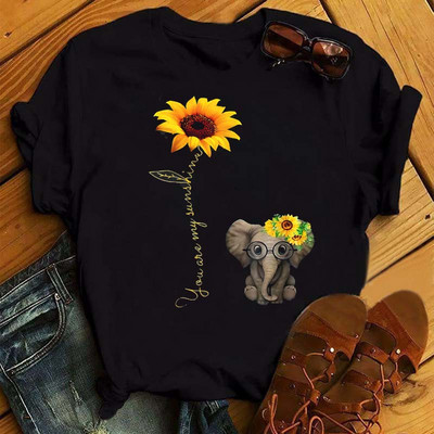 Maycaur New Kawaii Női Napraforgó Pillangómintás fekete pólók Alkalmi rövid ujjú felsők Rajzfilm Grafikus ruhák Női pólók