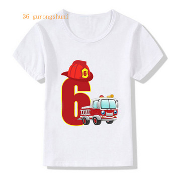 2021 детски дрехи Готини номера на пожарникарска кола 2 3 4 5 Тениска Деца Момчета Честит рожден ден Тениска Бяла тениска Бебешки горнища за момичета