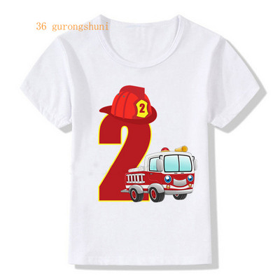 2021 детски дрехи Готини номера на пожарникарска кола 2 3 4 5 Тениска Деца Момчета Честит рожден ден Тениска Бяла тениска Бебешки горнища за момичета