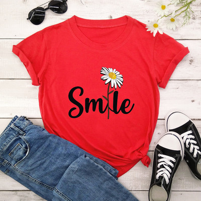 Női póló Smile Daisy Print Női rövid ujjú, nyakú, bő póló Női nyári kausális póló Ruhák