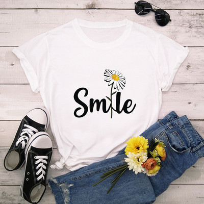 Női póló Smile Daisy Print Női rövid ujjú, nyakú, bő póló Női nyári kausális póló Ruhák