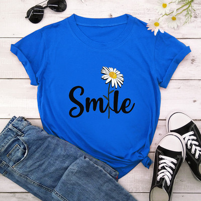 Női póló Smile Daisy Print Női rövid ujjú, nyakú, bő póló Női nyári kausális póló Ruhák