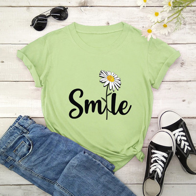 Női póló Smile Daisy Print Női rövid ujjú, nyakú, bő póló Női nyári kausális póló Ruhák