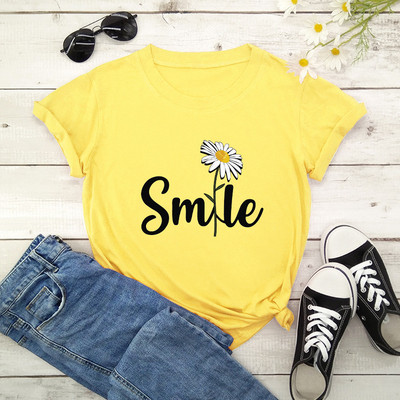 Női póló Smile Daisy Print Női rövid ujjú, nyakú, bő póló Női nyári kausális póló Ruhák