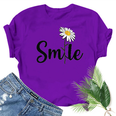 Női póló Smile Daisy Print Női rövid ujjú, nyakú, bő póló Női nyári kausális póló Ruhák