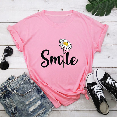 Női póló Smile Daisy Print Női rövid ujjú, nyakú, bő póló Női nyári kausális póló Ruhák