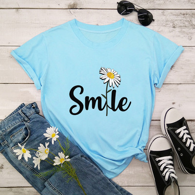 Női póló Smile Daisy Print Női rövid ujjú, nyakú, bő póló Női nyári kausális póló Ruhák