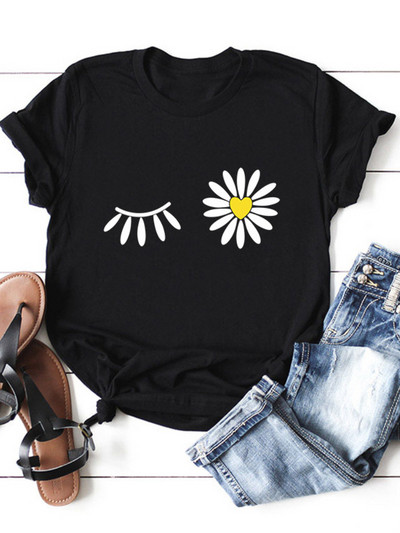 Daisy Flower Print Sieviešu T krekls ar īsām piedurknēm O kakla brīvs Sieviešu T krekls Sieviešu T krekls Topi Camisetas Mujer