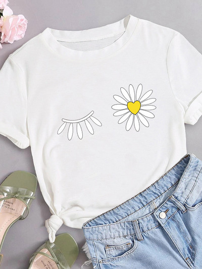 Százszorszép virágmintás női póló rövid ujjú, nyakú, bő női póló női póló felsők Camisetas Mujer