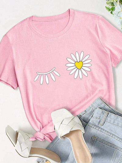 Százszorszép virágmintás női póló rövid ujjú, nyakú, bő női póló női póló felsők Camisetas Mujer