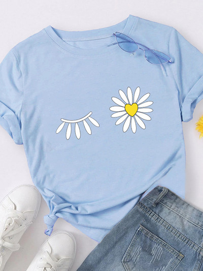 Százszorszép virágmintás női póló rövid ujjú, nyakú, bő női póló női póló felsők Camisetas Mujer