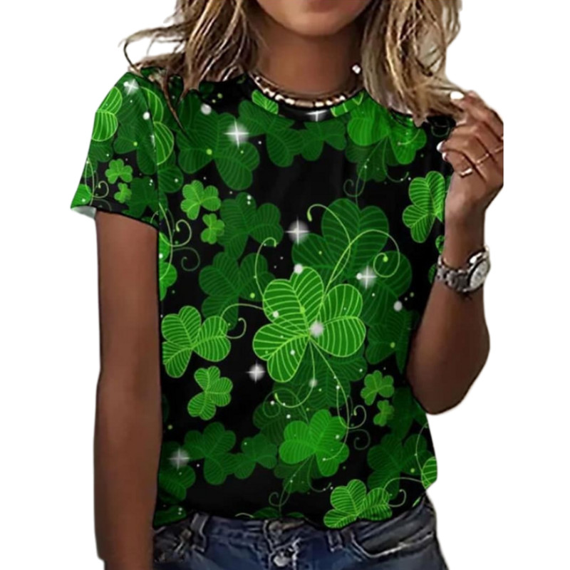 Tricou nou pentru femei cu gât rotund de vară Kawaii cu patru frunze cu model de iarbă Cămașă elegantă cu mânecă scurtă Tricou casual la modă de stradă