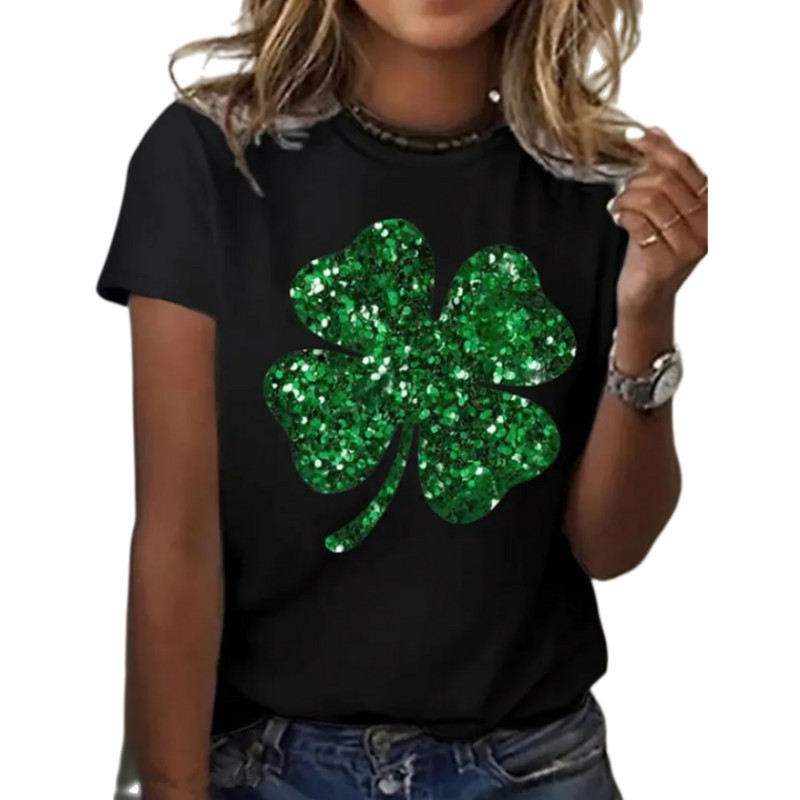 Tricou nou pentru femei cu gât rotund de vară Kawaii cu patru frunze cu model de iarbă Cămașă elegantă cu mânecă scurtă Tricou casual la modă de stradă