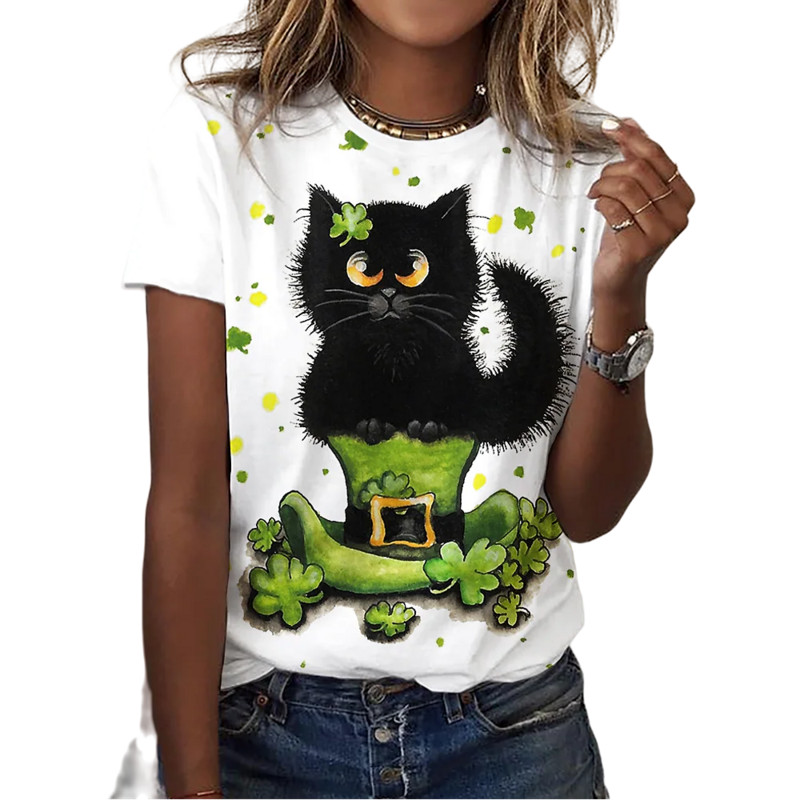 Tricou nou pentru femei cu gât rotund de vară Kawaii cu patru frunze cu model de iarbă Cămașă elegantă cu mânecă scurtă Tricou casual la modă de stradă