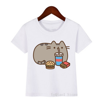 2022 Harajuku Kawaii Тениска с принт на пиеща котка Лято 2021 Горнище за детски дрехи за момичета Сладка тениска за момче, тийнейджъри, Детски тениски