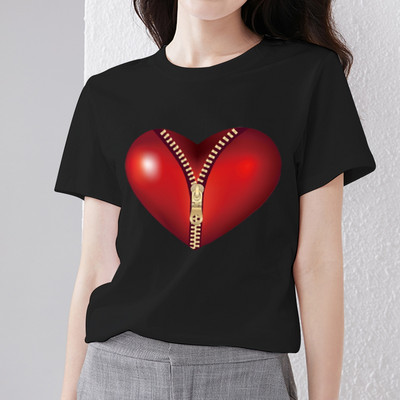 Naiste rõivad Must T-särk Love Pattern Series Naiste T-särk Klassikaline ümarkaelus Otsemüük Naistele lühikeste varrukatega