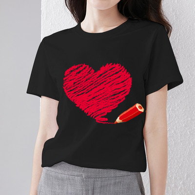 Naiste rõivad Must T-särk Love Pattern Series Naiste T-särk Klassikaline ümarkaelus Otsemüük Naistele lühikeste varrukatega
