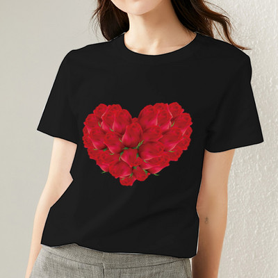 Naiste rõivad Must T-särk Love Pattern Series Naiste T-särk Klassikaline ümarkaelus Otsemüük Naistele lühikeste varrukatega
