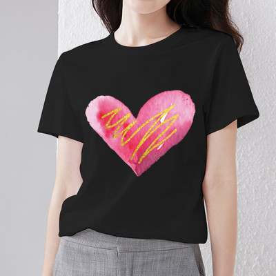 Naiste rõivad Must T-särk Love Pattern Series Naiste T-särk Klassikaline ümarkaelus Otsemüük Naistele lühikeste varrukatega