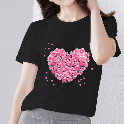 Naiste rõivad Must T-särk Love Pattern Series Naiste T-särk Klassikaline ümarkaelus Otsemüük Naistele lühikeste varrukatega