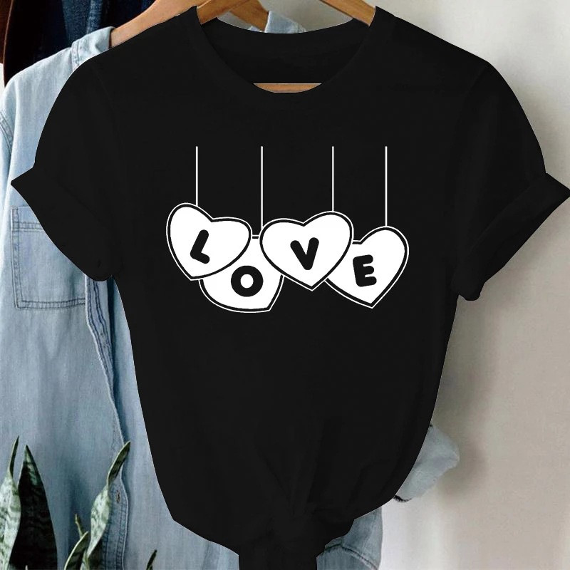 Tricou pentru femei cu imprimeu cu inimă roșie cu balon, cu mânecă scurtă, cu gâtul O, tricou pentru femei, tricou pentru femei, Topuri, haine, Camisetas Mujer