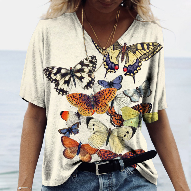 Tricou cu mânecă scurtă pentru femei, cu decolteu în V, la modă nouă de vară, imprimeu cu model fluture 3D, ocazional stradă, versatilitate Y2K supradimensionat-5XL