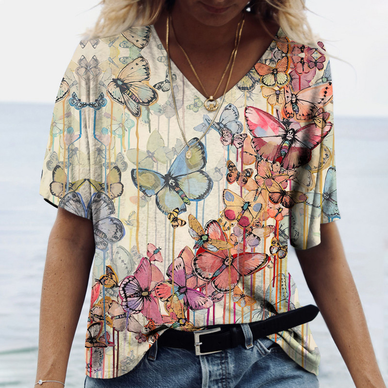 Tricou cu mânecă scurtă pentru femei, cu decolteu în V, la modă nouă de vară, imprimeu cu model fluture 3D, ocazional stradă, versatilitate Y2K supradimensionat-5XL