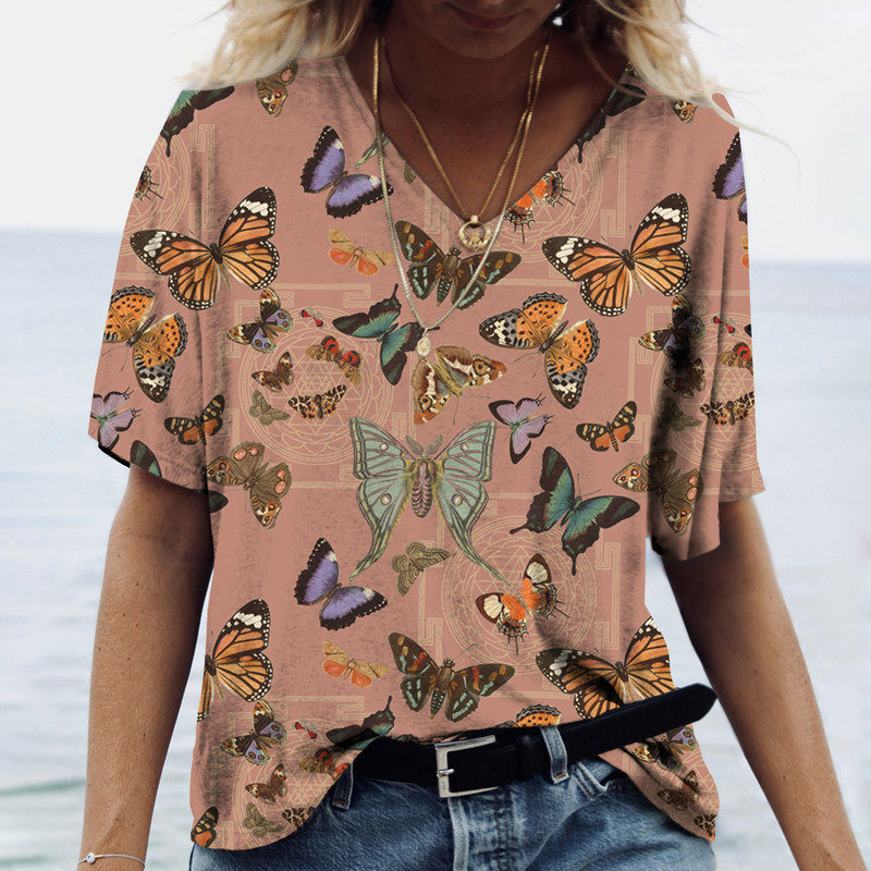 Tricou cu mânecă scurtă pentru femei, cu decolteu în V, la modă nouă de vară, imprimeu cu model fluture 3D, ocazional stradă, versatilitate Y2K supradimensionat-5XL