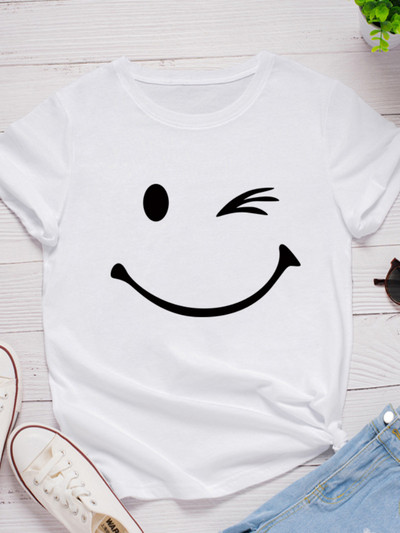 Armas naeratav näotrükk Naiste T-särk Lühikeste varrukatega Kaelusega avar naiste Tsärk Naiste T-särk Topid Riided Camisetas Mujer
