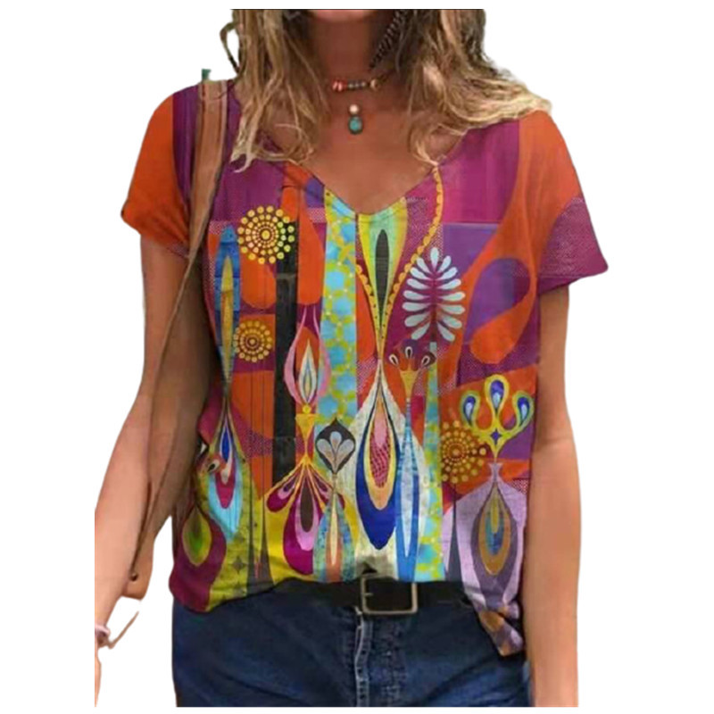 Tricou cu imprimeu abstract 3D pentru femei, vara 2021, nou ocazional, tricou cu mânecă scurtă, cu decolteu în V, la modă pentru femei, îmbrăcăminte de stradă, topuri supradimensionate, dimensiune